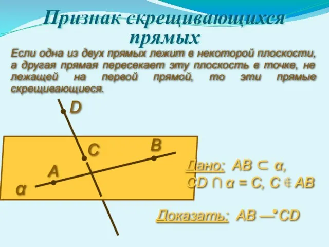 Признак скрещивающихся прямых Если одна из двух прямых лежит в некоторой плоскости, а