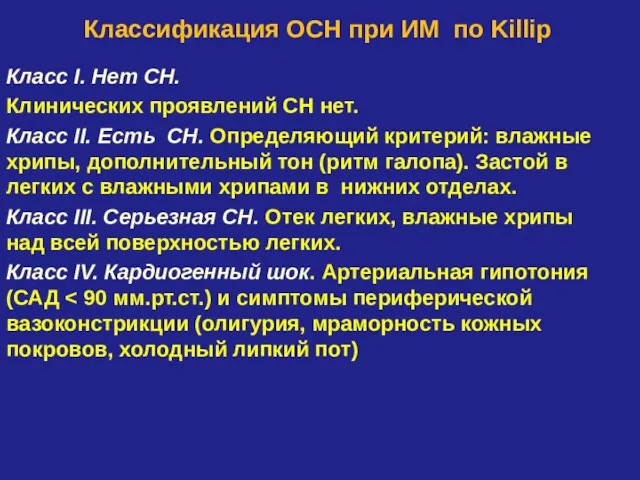 Классификация ОСН при ИМ по Killip Класс I. Нет СН.