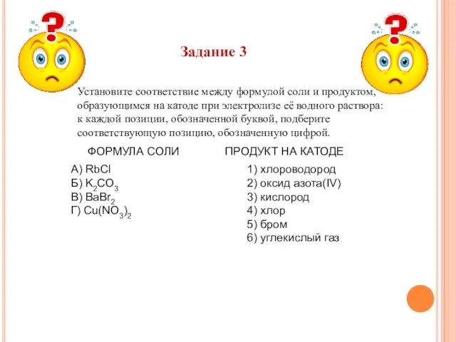 Задание 3 Установите соответствие между формулой соли и продуктом, образующимся