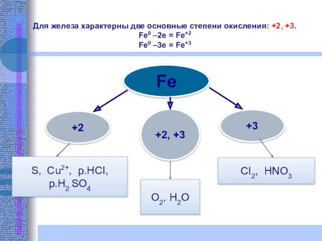 Fe +3 +2 +2, +3 O2, H2O CI2, HNO3 S, Cu2+, p.HCI, p.H2