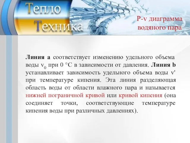 P-v диаграмма водяного пара Линия а соответствует изменению удельного объема воды v0 при