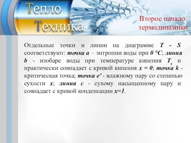 Второе начало термодинамики Отдельные точки и линии на диаграмме Т - S соответствуют: