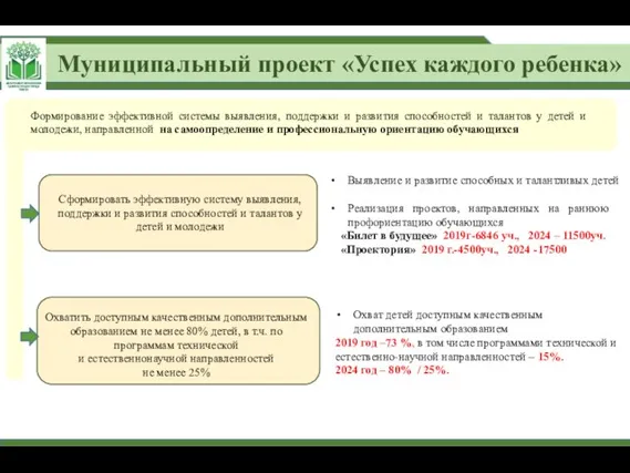 Муниципальный проект «Успех каждого ребенка» Сформировать эффективную систему выявления, поддержки