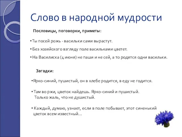 Слово в народной мудрости Ты посей рожь - васильки сами