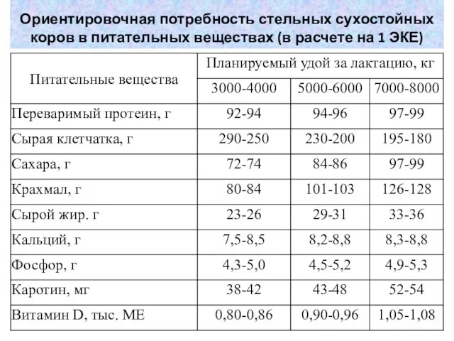 Ориентировочная потребность стельных сухостойных коров в питательных веществах (в расчете на 1 ЭКЕ)