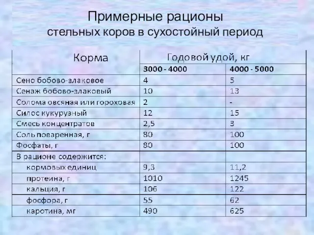 Примерные рационы стельных коров в сухостойный период