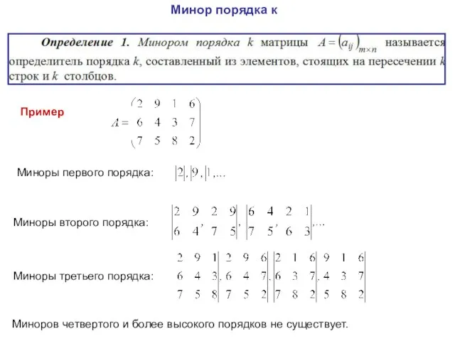 Минор порядка к Пример Миноры первого порядка: Миноры второго порядка: