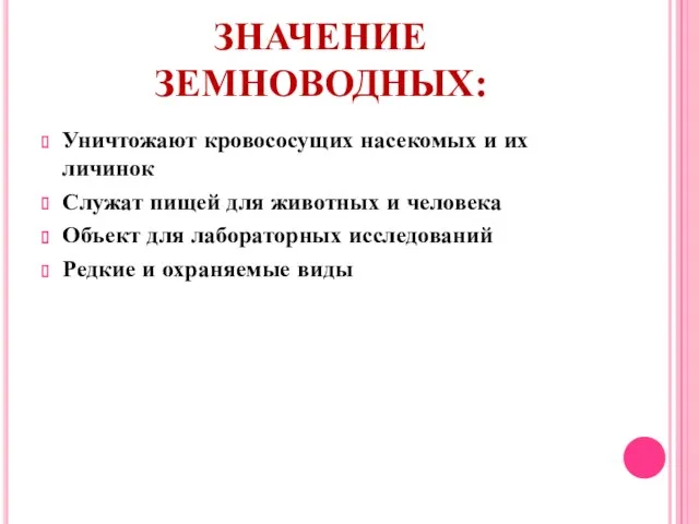 ЗНАЧЕНИЕ ЗЕМНОВОДНЫХ: Уничтожают кровососущих насекомых и их личинок Служат пищей