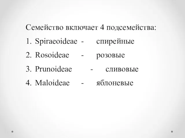 Семейство включает 4 подсемейства: 1. Spiraeoideae - спирейные 2. Rosoideae