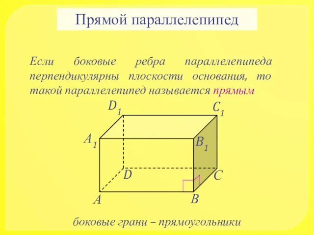 Прямой параллелепипед Если боковые ребра параллелепипеда перпендикулярны плоскости основания, то