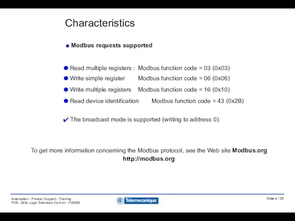 Modbus requests supported Read multiple registers : Modbus function code