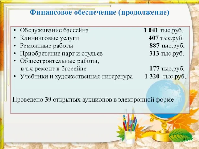 Финансовое обеспечение (продолжение) Обслуживание бассейна 1 041 тыс.руб. Клининговые услуги