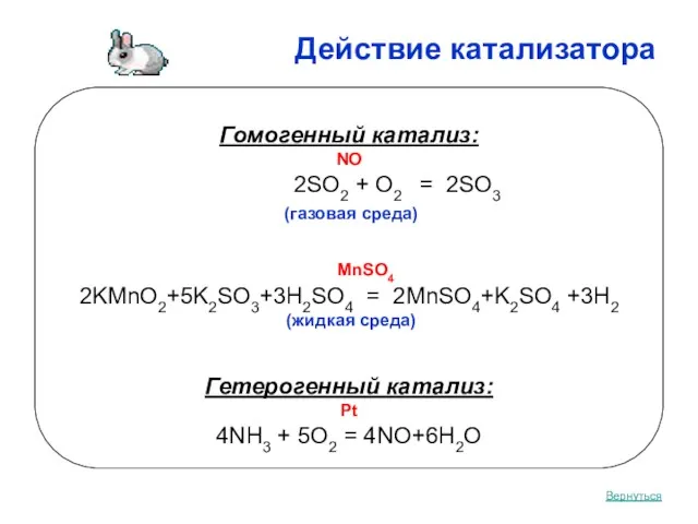 Действие катализатора Гомогенный катализ: NO 2SO2 + O2 = 2SO3