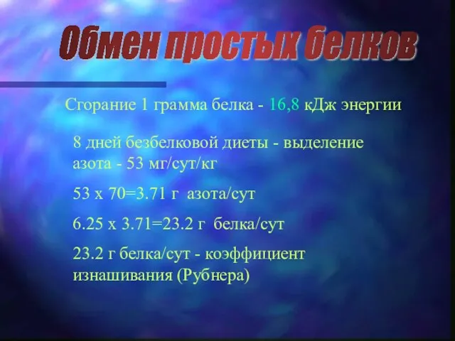 Обмен простых белков Сгорание 1 грамма белка - 16,8 кДж