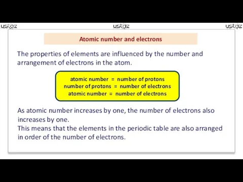 Atomic number and electrons The properties of elements are influenced