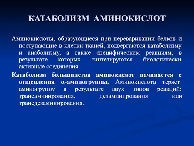 КАТАБОЛИЗМ АМИНОКИСЛОТ Аминокислоты, образующиеся при переваривании белков и поступающие в