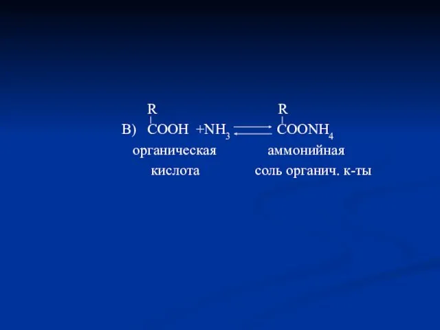 R R В) COOH +NH3 COONH4 органическая аммонийная кислота соль органич. к-ты