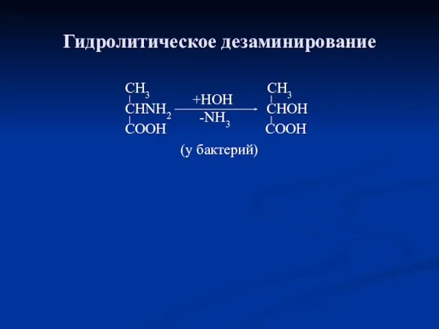 Гидролитическое дезаминирование CH3 CH3 CHNH2 CHOH COOH COOH (у бактерий) +HOH -NH3