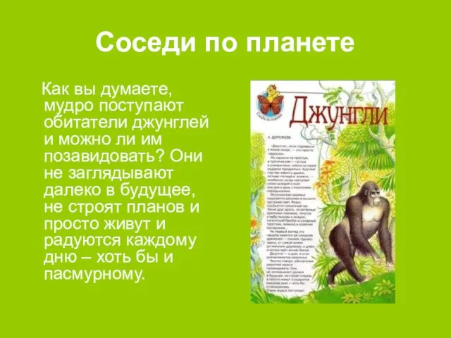 Соседи по планете Как вы думаете, мудро поступают обитатели джунглей