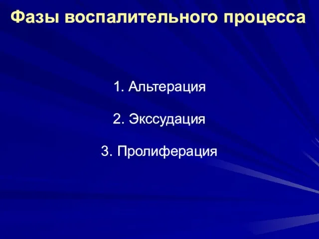 Фазы воспалительного процесса 1. Альтерация 2. Экссудация 3. Пролиферация