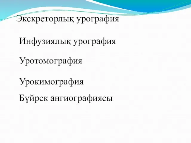 Экскреторлық урография Инфузиялық урография Уротомография Урокимография Бүйрек ангиографиясы