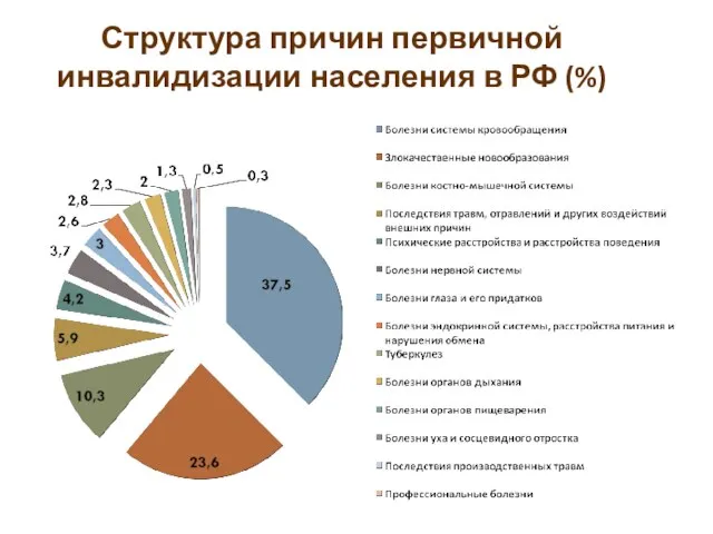 Структура причин первичной инвалидизации населения в РФ (%)