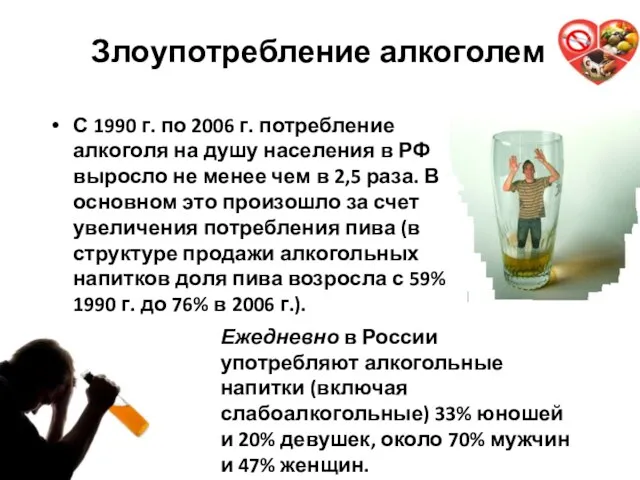 Злоупотребление алкоголем С 1990 г. по 2006 г. потребление алкоголя