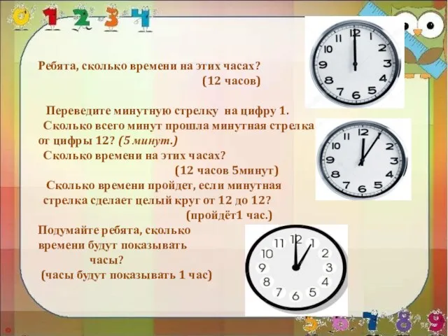 Ребята, сколько времени на этих часах? (12 часов) Переведите минутную стрелку на цифру