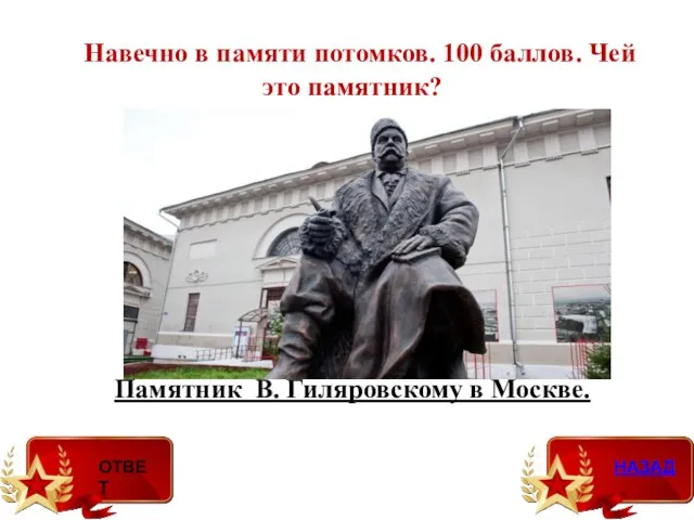 Навечно в памяти потомков. 100 баллов. Чей это памятник? Памятник В. Гиляровскому в Москве.