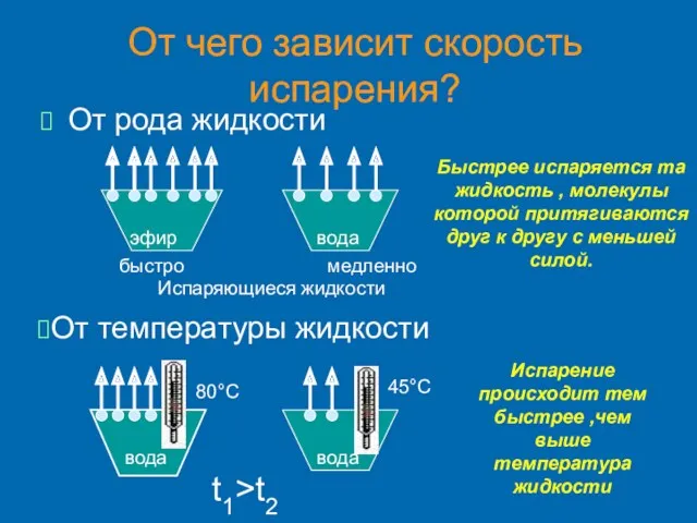 От чего зависит скорость испарения? От рода жидкости эфир медленно