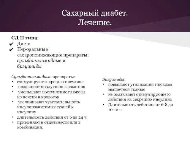 Сахарный диабет. Лечение. СД II типа: Диета Пероральные сахаропонижающие препараты: