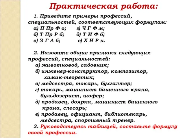 Практическая работа: 1. Приведите примеры профессий, специальностей, соответствующих формулам: а)