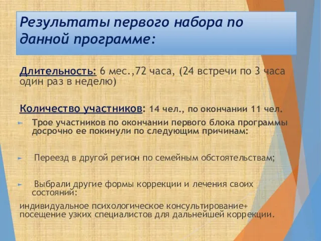 Результаты первого набора по данной программе: Длительность: 6 мес.,72 часа,