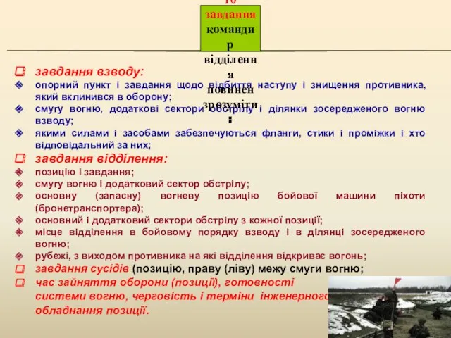 завдання взводу: опорний пункт і завдання щодо відбиття наступу і