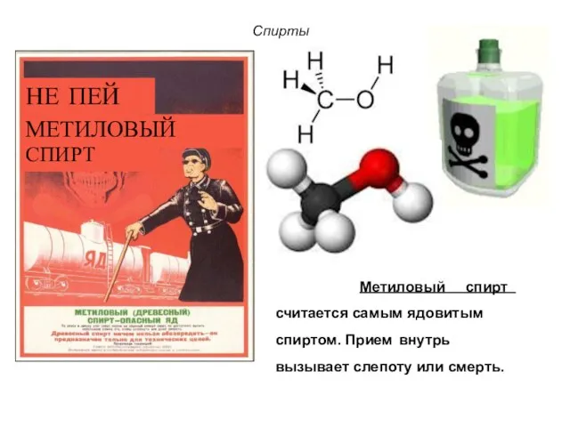 Спирты Метиловый спирт считается самым ядовитым спиртом. Прием внутрь вызывает