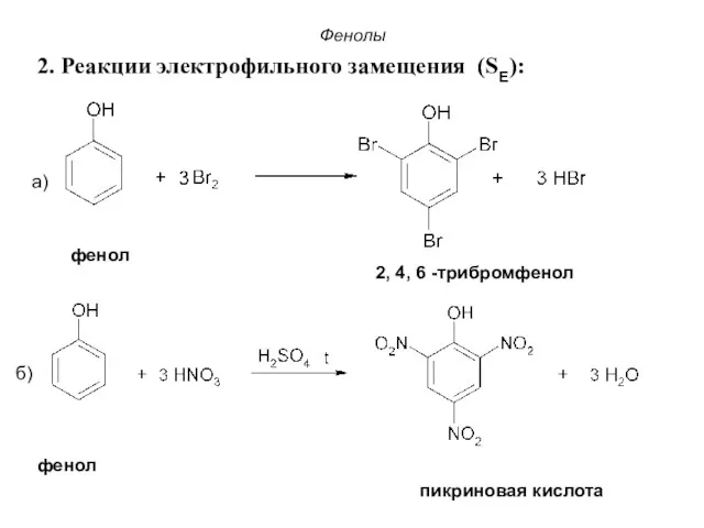 Фенолы 2. Реакции электрофильного замещения (SE): а) б) фенол пикриновая кислота фенол 2, 4, 6 -трибромфенол