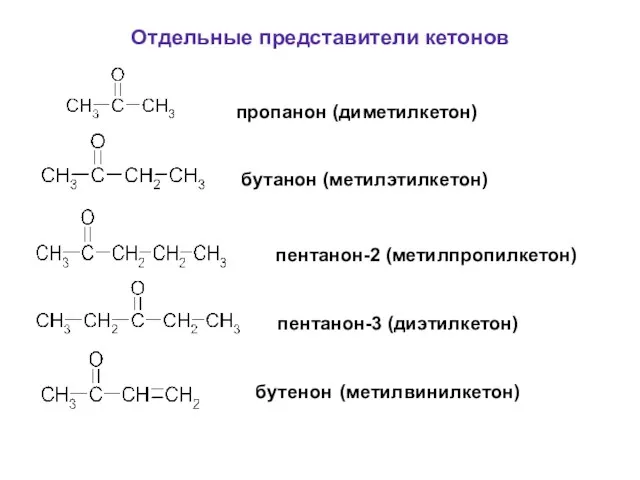 Отдельные представители кетонов пропанон (диметилкетон) бутанон (метилэтилкетон) пентанон-2 (метилпропилкетон) пентанон-3 (диэтилкетон) бутенон (метилвинилкетон)