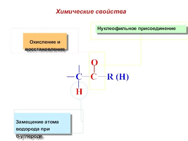 Нуклеофильное присоединение Окисление и восстановление Замещение атома водорода при α-углероде Химические свойства