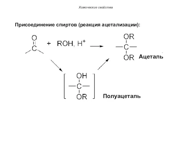 Присоединение спиртов (реакция ацетализации): Химические свойства Ацеталь Полуацеталь