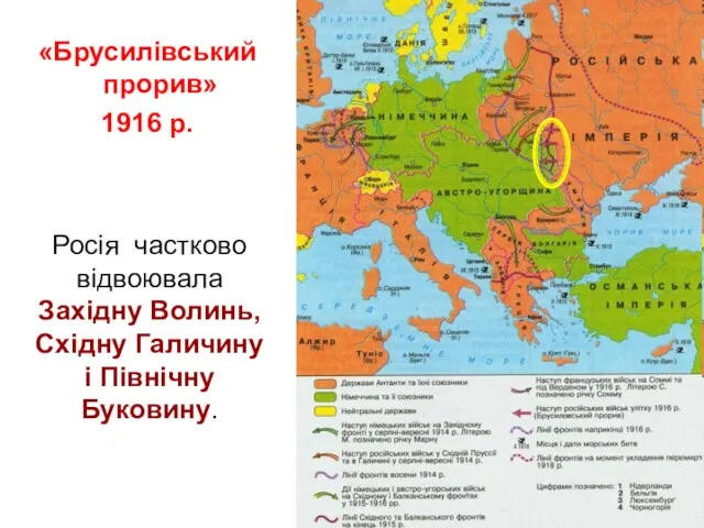 «Брусилівський прорив» 1916 р. Росія частково відвоювала Західну Волинь, Східну Галичину і Північну Буковину.