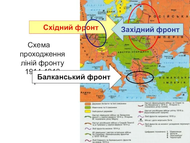 Схема проходження ліній фронту 1914-1916 років Східний фронт Західний фронт Балканський фронт