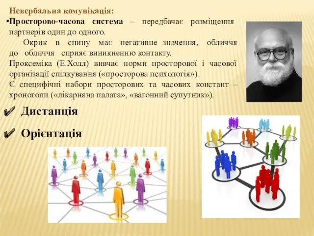 Дистанція Орієнтація Невербальна комунікація: Просторово-часова система – передбачає розміщення партнерів