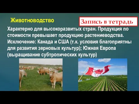 Запись в тетрадь Характерно для высокоразвитых стран. Продукция по стоимости превышает продукцию растениеводства.