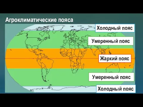 Агроклиматические пояса Холодный пояс Холодный пояс Умеренный пояс Умеренный пояс Жаркий пояс