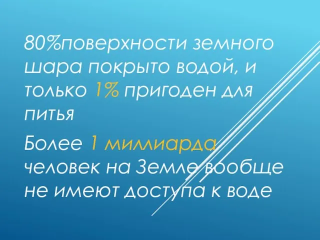 80%поверхности земного шара покрыто водой, и только 1% пригоден для