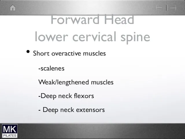 Forward Head lower cervical spine Short overactive muscles -scalenes Weak/lengthened