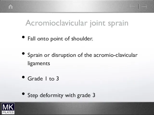 Acromioclavicular joint sprain Fall onto point of shoulder. Sprain or
