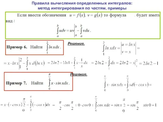 Правила вычисления определенных интегралов: метод интегрирования по частям, примеры Решение. Решение.