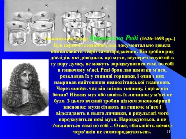 Тосканський лікар Франческо Реді (1626-1698 рр..) Був першою людиною, яка