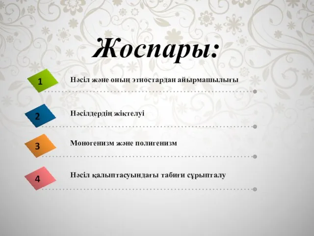 Жоспары: Нәсіл және оның этностардан айырмашылығы Моногенизм және полигенизм Нәсіл қалыптасуындағы табиғи сұрыпталу